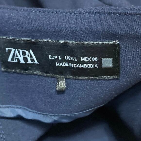 Zara Navy Blue Pleated High Waisted Straight Tapered Trousers Dress Pants Size L - Picture 4 of 4